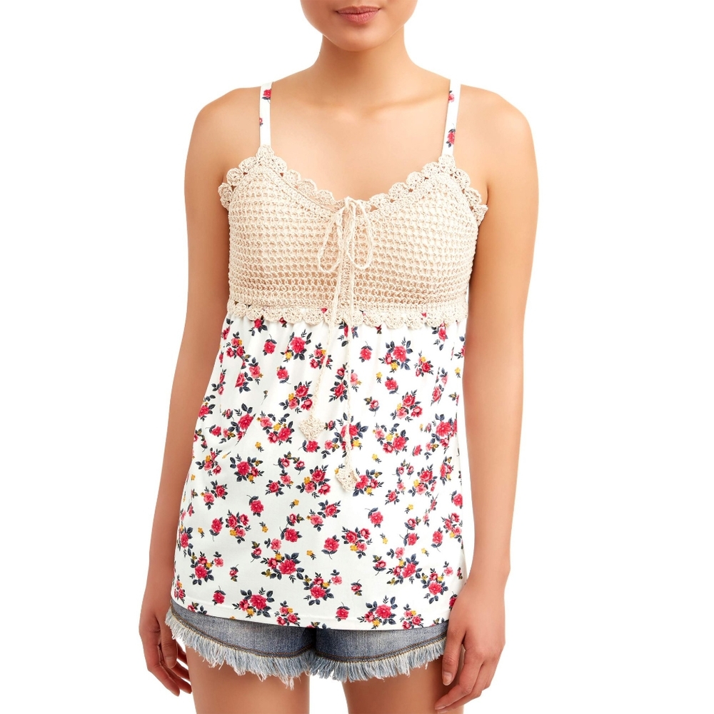 Beige Cochet Bra Cup, Red Floral White Summer Spring Tank Top Medium - Picture 2 of 4